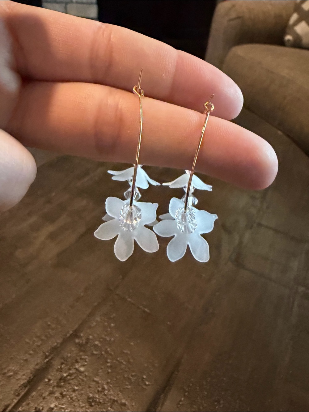 Delicate White Flower Hoop Earrings - Gold Wire